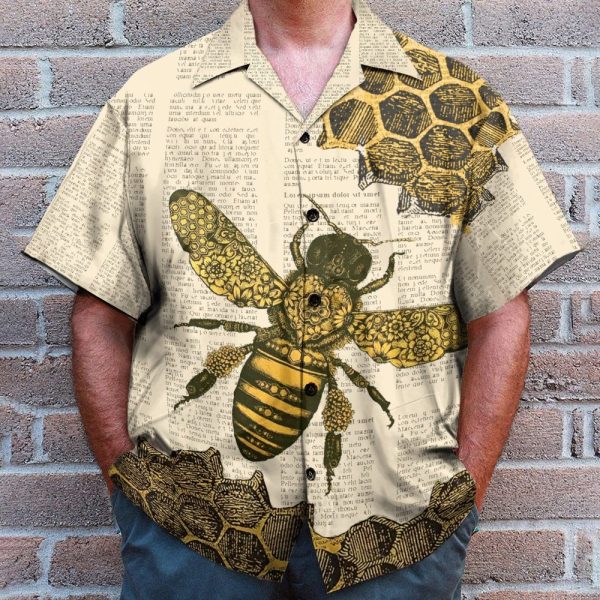 Bee Vintage Newspaper Pattern Hawaiian Shirt & Beach Shorts