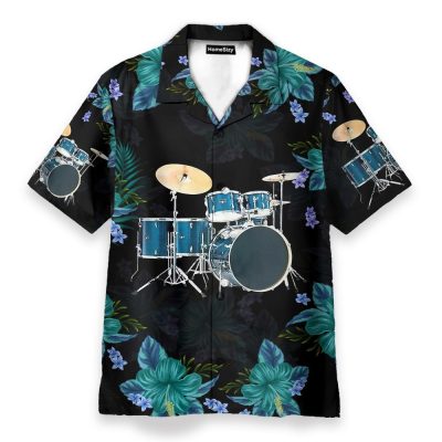 Blue Drum Tropical Flower Pattern Hawaiian Shirt