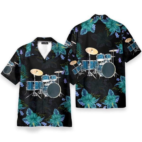 Blue Drum Tropical Flower Pattern Hawaiian Shirt