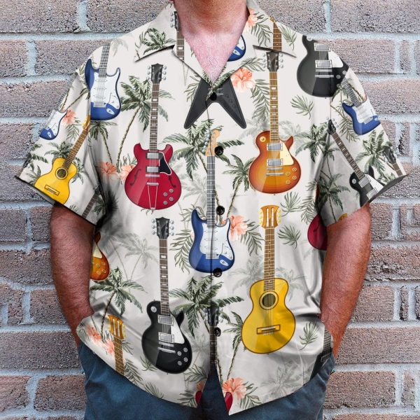 Guitar Tropical Vintage Leaves Pattern Hawaiian Shirt