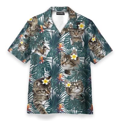 Cute Little Cat Tropical Leaves Pattern Hawaiian Shirt