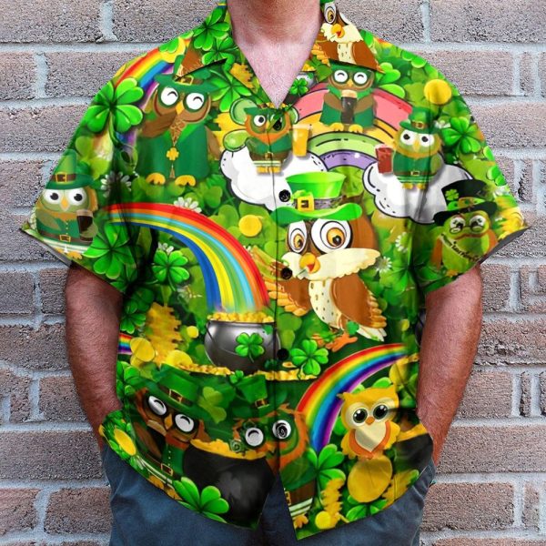 Irish Owl Patricks Day Shamrock Green Hawaiian Shirt