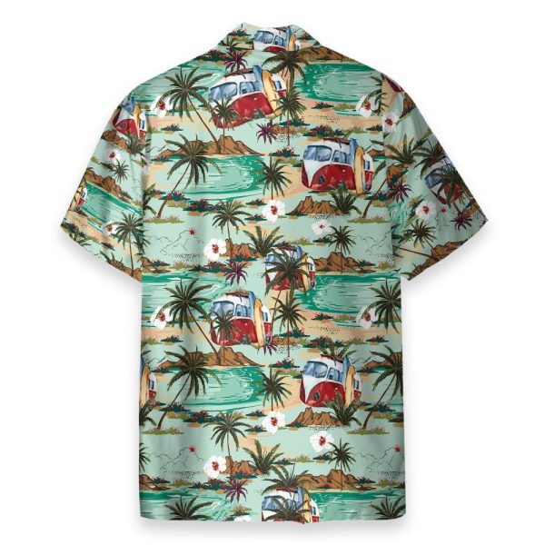 Hippie Bus And Surferboard On The Beach Hawaiian Shirt & Beach Shorts