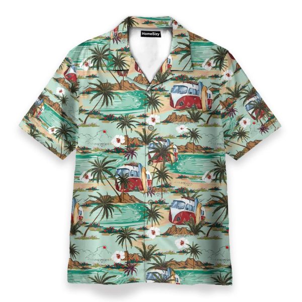 Hippie Bus And Surferboard On The Beach Hawaiian Shirt & Beach Shorts