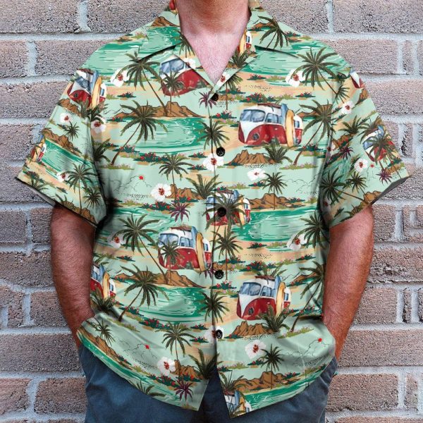 Hippie Bus And Surferboard On The Beach Hawaiian Shirt & Beach Shorts