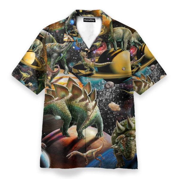 Dinosaur In The Space Men'S Button'S Up Shirts Hawaiian Shirt