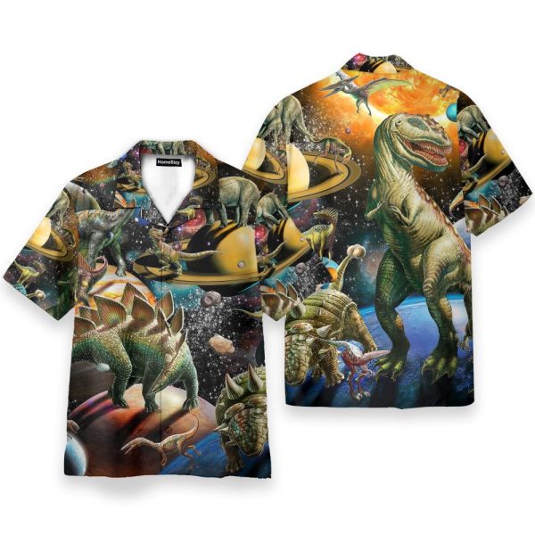 Dinosaur In The Space Men'S Button'S Up Shirts Hawaiian Shirt