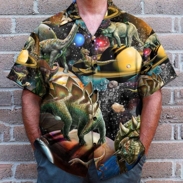Dinosaur In The Space Men'S Button'S Up Shirts Hawaiian Shirt