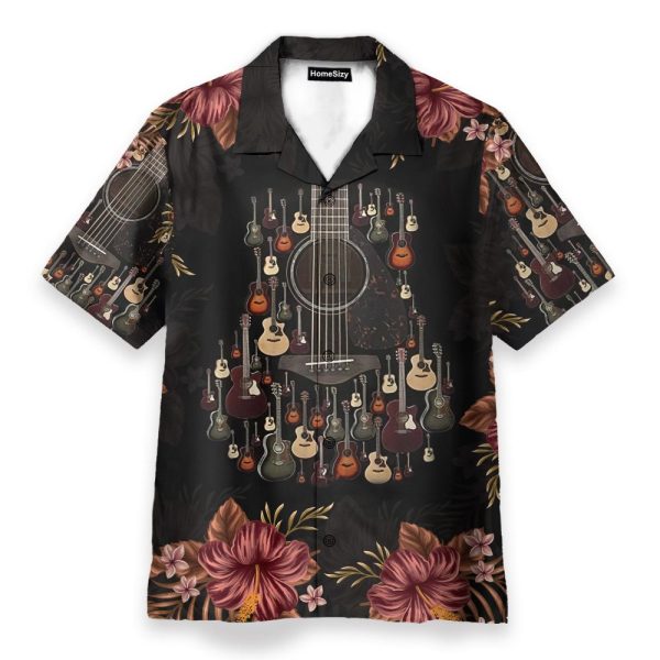 Acoustic Guitar Tropical Flowers Hawaiian Shirt