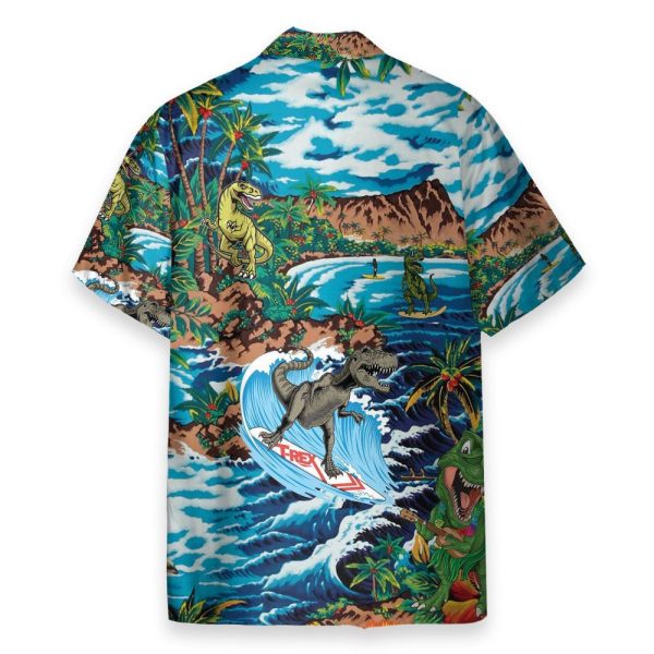 Funny Dinosaur Surfing On Tropical Island Hawaiian Shirt
