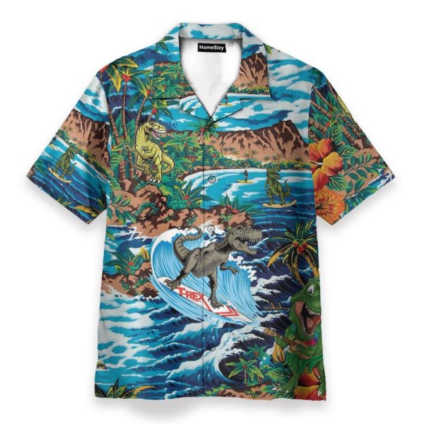 Funny Dinosaur Surfing On Tropical Island Hawaiian Shirt
