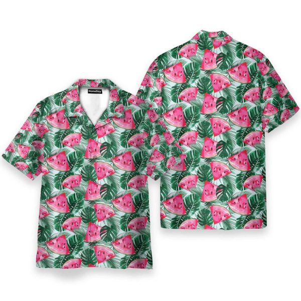 Watermelon In Tropical Green Leaves Hawaiian Shirt & Beach Shorts