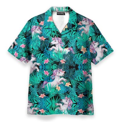 Unicorn In Tropical Green Leaves Hawaiian Shirt