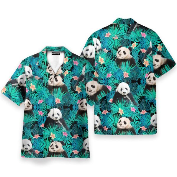 Panda In Tropical Green Leaves Hawaiian Shirt