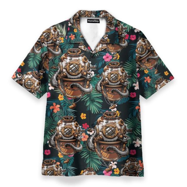 Scuba Diving Helmet Tropical Leaves Pattern Hawaiian Shirt