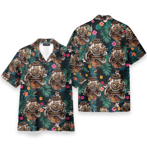 Scuba Diving Helmet Tropical Leaves Pattern Hawaiian Shirt