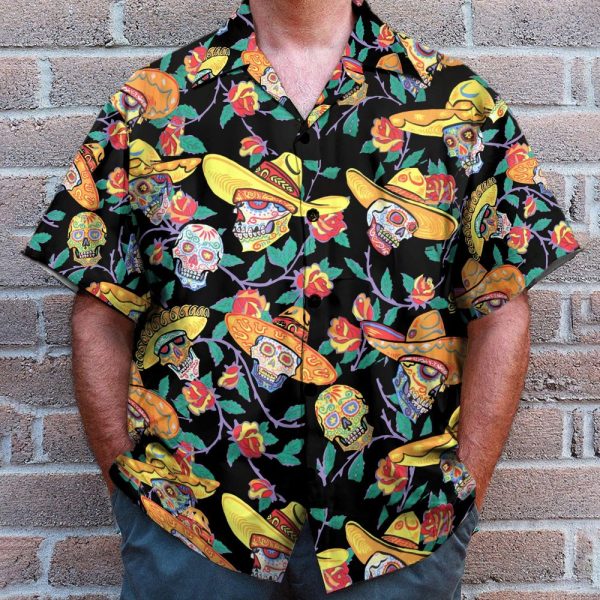 Mexico Benny?S Sugar Skulls Day Of The Dead Camp Hawaiian Shirt & Beach Shorts