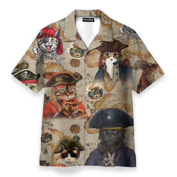 Pirate Cat Vintage Nautical Map Pattern Hawaiian Shirt