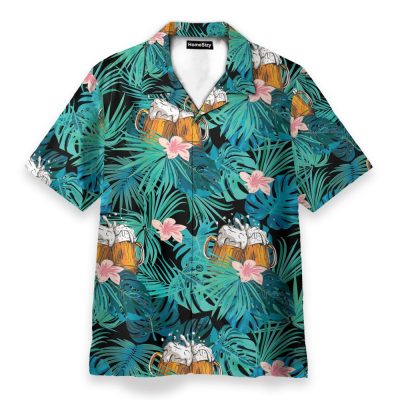Beer In Tropical Green Leaves Hawaiian Shirt
