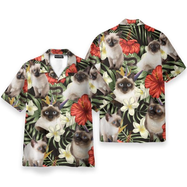 Siamese Cat In Tropical Green Leaves Hawaiian Shirt