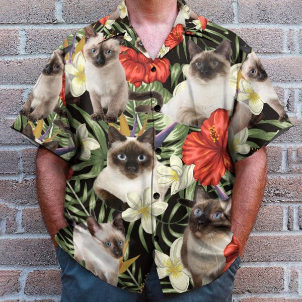 Siamese Cat In Tropical Green Leaves Hawaiian Shirt