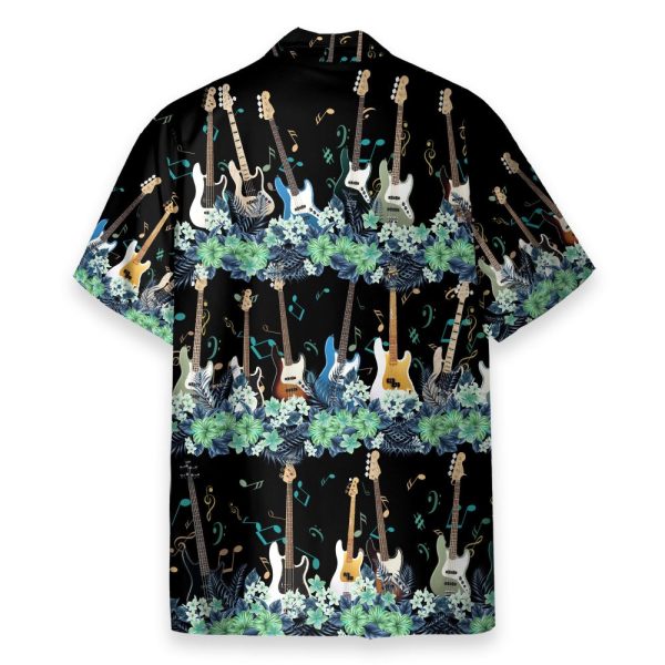 Bass Guitar Tropical Flower Strip Pattern Hawaiian Shirt
