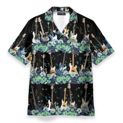 Bass Guitar Tropical Flower Strip Pattern Hawaiian Shirt