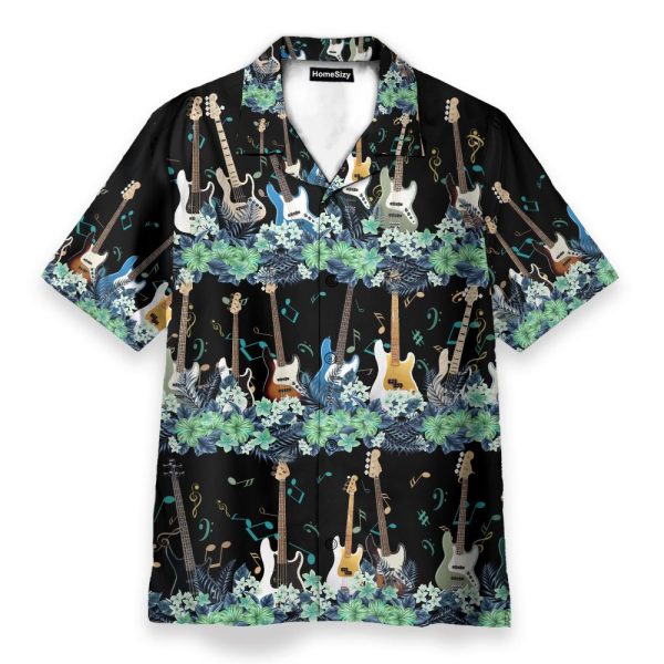 Bass Guitar Tropical Flower Strip Pattern Hawaiian Shirt