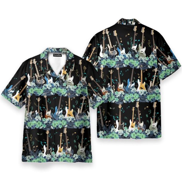 Bass Guitar Tropical Flower Strip Pattern Hawaiian Shirt