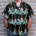 Bass Guitar Tropical Flower Strip Pattern Hawaiian Shirt