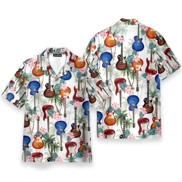 Guitar Tropical Flowers Pattern Hawaiian Shirt