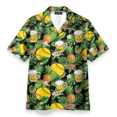 Softball And Beer In Tropical Green Leaves Hawaiian Shirt