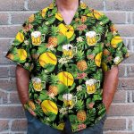 Softball And Beer In Tropical Green Leaves Hawaiian Shirt