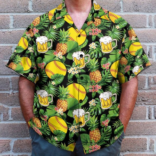 Softball And Beer In Tropical Green Leaves Hawaiian Shirt