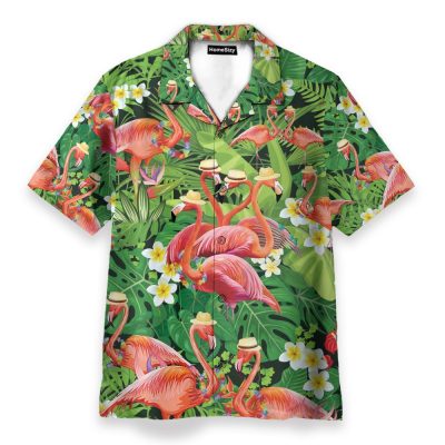 Flamingo In Tropical Green Leaves Hawaiian Shirt