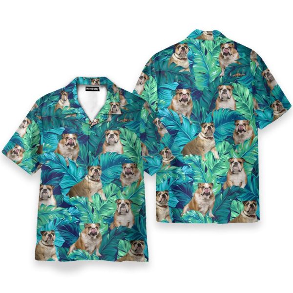 England Bulldog Tropical Leaves Pattern Hawaiian Shirt