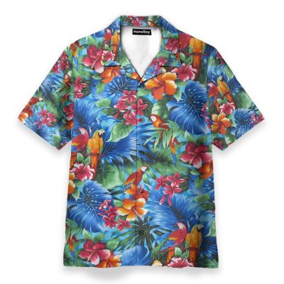 Parrot In Tropical Green Leaves Hawaiian Shirt & Beach Shorts