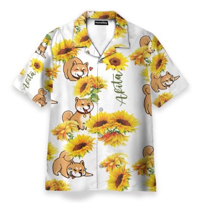 Akita Sunflower Funny Button'S Up Shirts Hawaiian Shirt