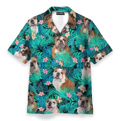 Bulldog In Tropical Green Leaves Hawaiian Shirt