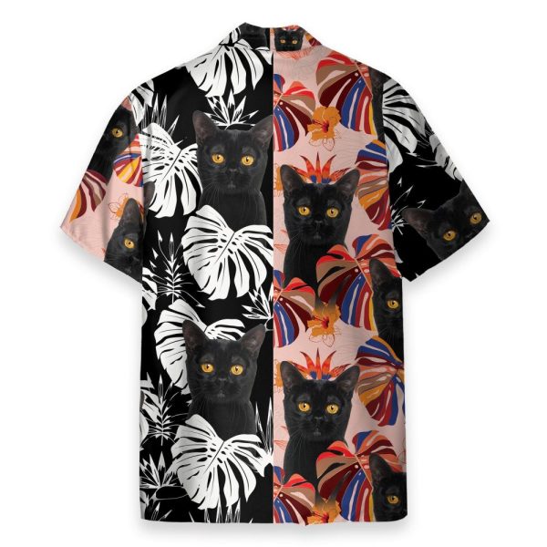 Black Cat Tropical Leaves Pattern Hawaiian Shirt & Beach Shorts