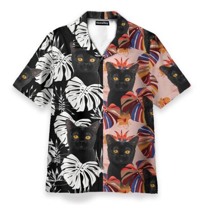 Black Cat Tropical Leaves Pattern Hawaiian Shirt & Beach Shorts