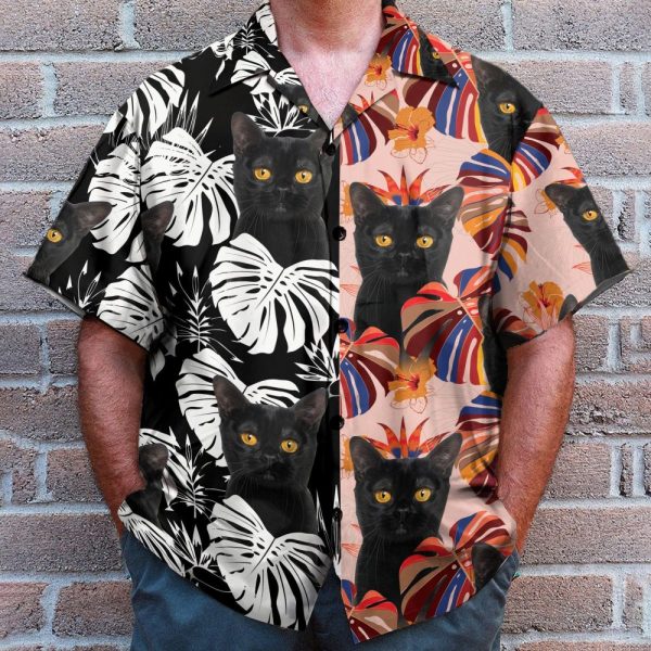 Black Cat Tropical Leaves Pattern Hawaiian Shirt & Beach Shorts