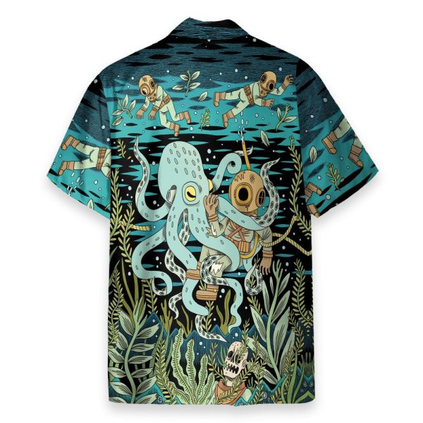 Diver Fighting With Octopus Dark Ocean Pattern Hawaiian Shirt