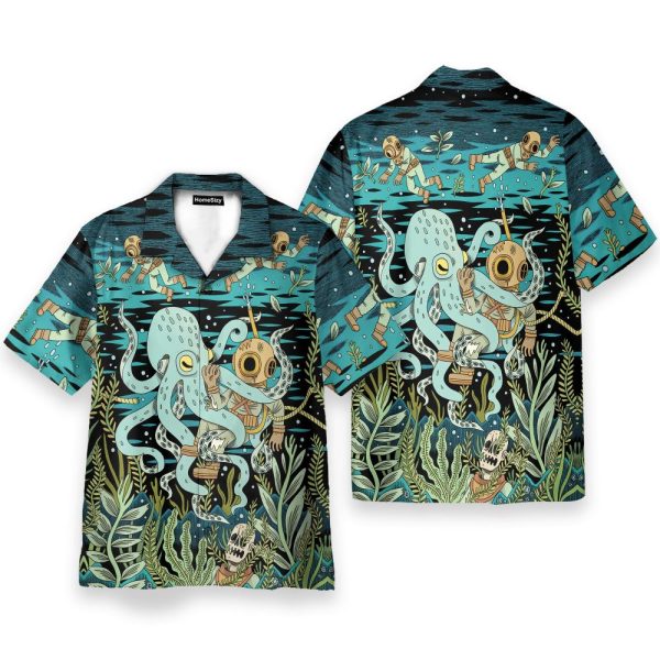 Diver Fighting With Octopus Dark Ocean Pattern Hawaiian Shirt