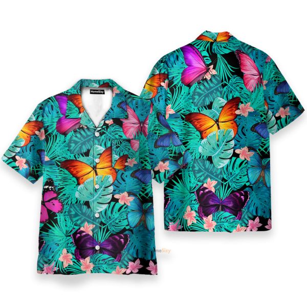 Colorful Butterfly Tropical Leaves Pattern Hawaiian Shirt