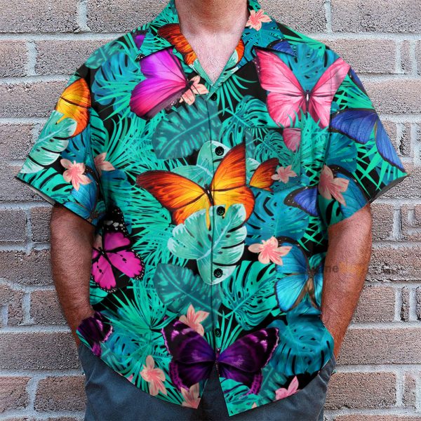 Colorful Butterfly Tropical Leaves Pattern Hawaiian Shirt