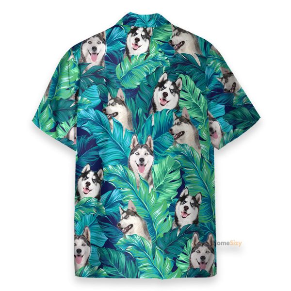 Husky In Tropical Green Leaves Hawaiian Shirt