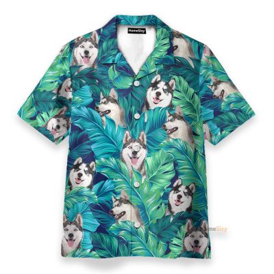 Husky In Tropical Green Leaves Hawaiian Shirt