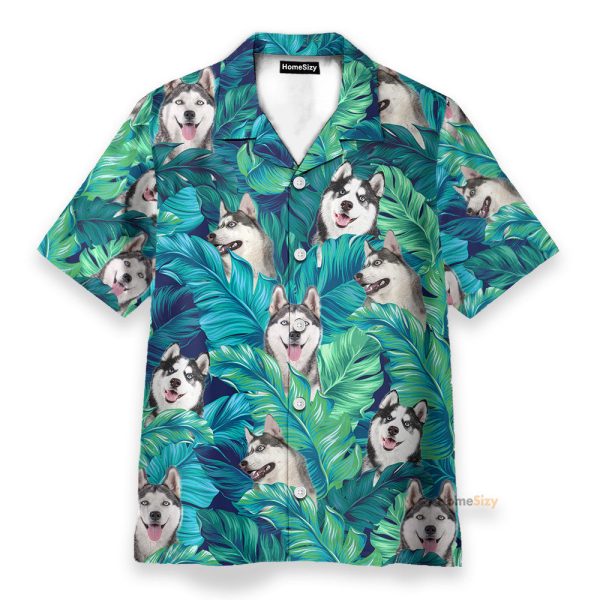 Husky In Tropical Green Leaves Hawaiian Shirt
