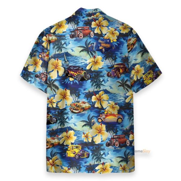 Hot Rod Car And Flowers On The Beach Hawaiian Shirt & Beach Shorts